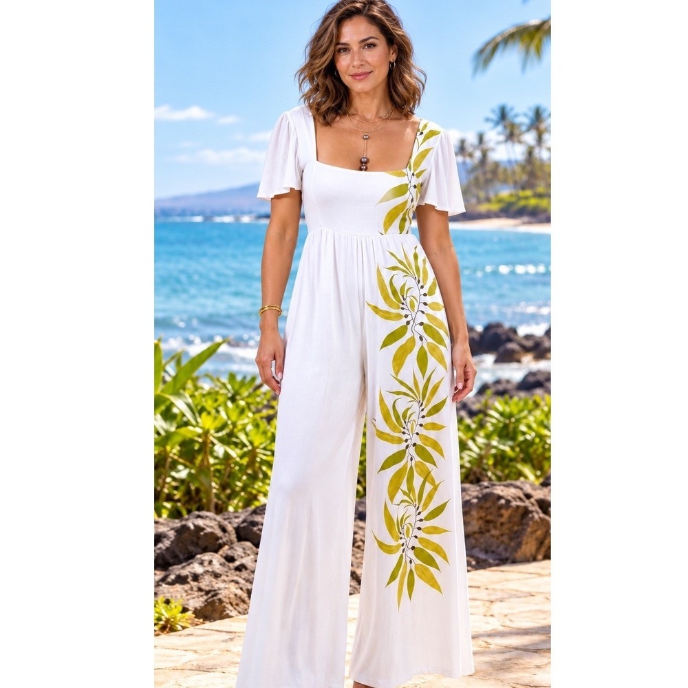 Tanoa Tula Jumpsuit White Green  Polynesian Floral Print Wide Leg Cruise Resort